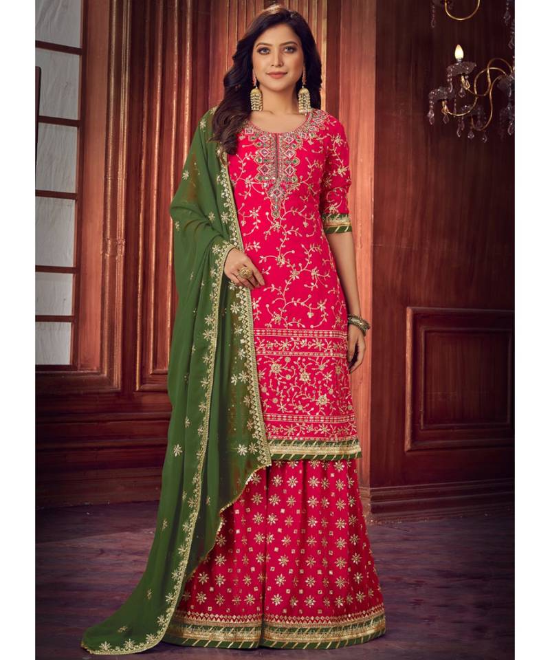 Magenta and Green Embroidered Palazzo Suit
