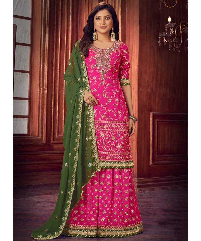 Rani Pink and Green Embroidered Palazzo Suit