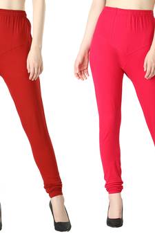 Women Solid Churidar Leggings (Red & Pink)