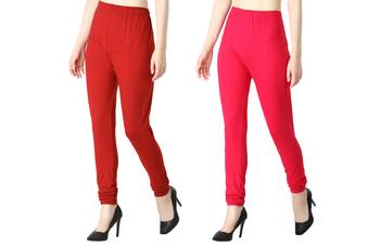 Women Solid Churidar Leggings (Red & Pink) 2