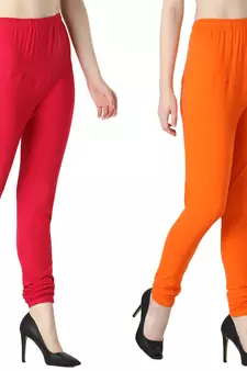 Women Solid Churidar Leggings (Pink & Orange)