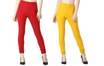 Women Solid Casual Churidar Leggings (Red & Yellow) 1