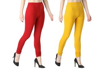 Women Solid Casual Churidar Leggings (Red & Yellow) 2