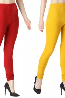 Women Solid Casual Churidar Leggings (Red & Yellow)