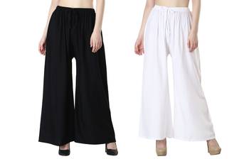 Women Solid Relaxed Fit Palazzo with Elastic Drawstring (Black, White) 1