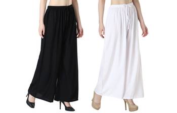 Women Solid Relaxed Fit Palazzo with Elastic Drawstring (Black, White) 2