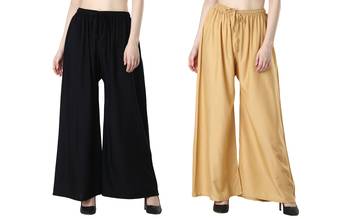 Women Solid Relaxed Fit Palazzo with Elastic Drawstring (Black, Gold) 1