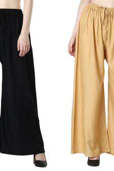 Women Solid Relaxed Fit Palazzo with Elastic Drawstring (Black, Gold)