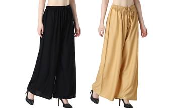 Women Solid Relaxed Fit Palazzo with Elastic Drawstring (Black, Gold) 2