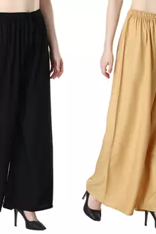 Women Solid Relaxed Fit Palazzo with Elastic Drawstring (Black, Gold)