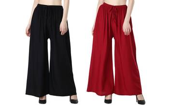 Women Solid Relaxed Fit Palazzo with Elastic Drawstring (Black, Maroon) 1