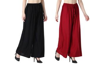 Women Solid Relaxed Fit Palazzo with Elastic Drawstring (Black, Maroon) 2