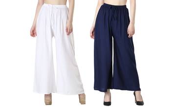 Women Solid Relaxed Fit Palazzo with Elastic Drawstring (White, Navy) 1