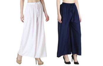 Women Solid Relaxed Fit Palazzo with Elastic Drawstring (White, Navy) 2