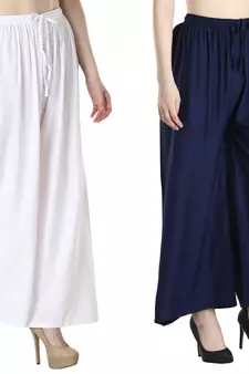 Women Solid Relaxed Fit Palazzo with Elastic Drawstring (White, Navy)
