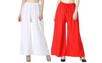 Women Solid Relaxed Fit Palazzo with Elastic Drawstring (White, Red) 1