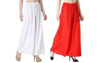 Women Solid Relaxed Fit Palazzo with Elastic Drawstring (White, Red) 2
