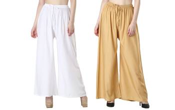 Women Solid Relaxed Fit Palazzo with Elastic Drawstring (White, Gold) 1