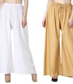 Women Solid Relaxed Fit Palazzo with Elastic Drawstring (White, Gold)