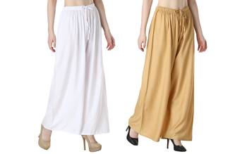Women Solid Relaxed Fit Palazzo with Elastic Drawstring (White, Gold) 2