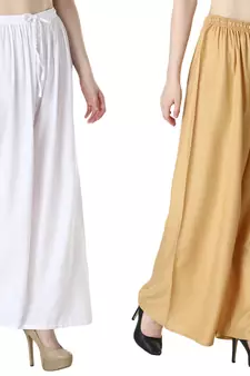 Women Solid Relaxed Fit Palazzo with Elastic Drawstring (White, Gold)