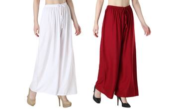 Women Solid Relaxed Fit Palazzo with Elastic Drawstring (White, Maroon) 2