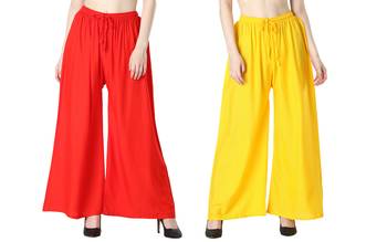 Women Solid Relaxed Fit Palazzo with Elastic Drawstring (Red, Yellow) 1