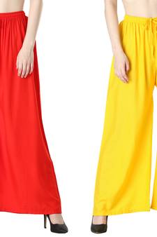 Women Solid Relaxed Fit Palazzo with Elastic Drawstring (Red, Yellow)