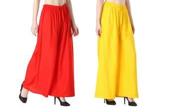 Women Solid Relaxed Fit Palazzo with Elastic Drawstring (Red, Yellow) 2