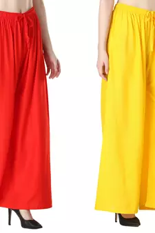 Women Solid Relaxed Fit Palazzo with Elastic Drawstring (Red, Yellow)
