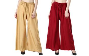 Women Solid Relaxed Fit Palazzo with Elastic Drawstring (Gold, Maroon) 1