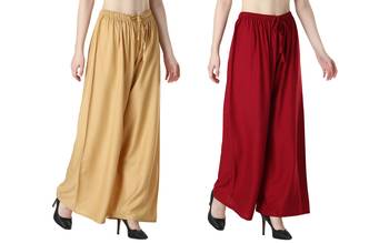 Women Solid Relaxed Fit Palazzo with Elastic Drawstring (Gold, Maroon) 2