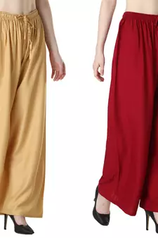Women Solid Relaxed Fit Palazzo with Elastic Drawstring (Gold, Maroon)