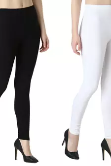 Women Solid Elastic Waist Ankle Length Legging (Black, White)