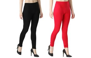 Women Solid Elastic Waist Ankle Length Legging (Black, Pink) 2