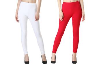 Women Solid Elastic Waist Ankle Length Legging (White, Pink) 1
