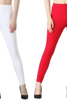 Women Solid Elastic Waist Ankle Length Legging (White, Pink)