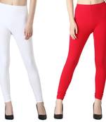 Women Solid Elastic Waist Ankle Length Legging (White, Pink)