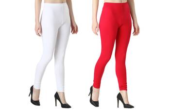 Women Solid Elastic Waist Ankle Length Legging (White, Pink) 2