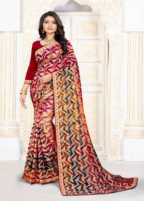 Red Color Brasso Saree With Attached Blouse Piece 1