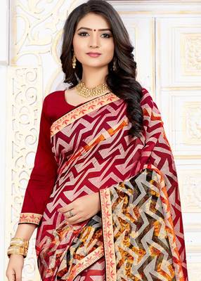 Red Color Brasso Saree With Attached Blouse Piece 2