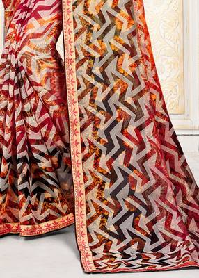 Red Color Brasso Saree With Attached Blouse Piece 3
