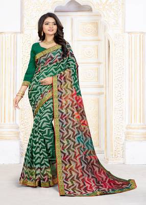 Green Color Brasso Saree with Attached Blouse Piece 1