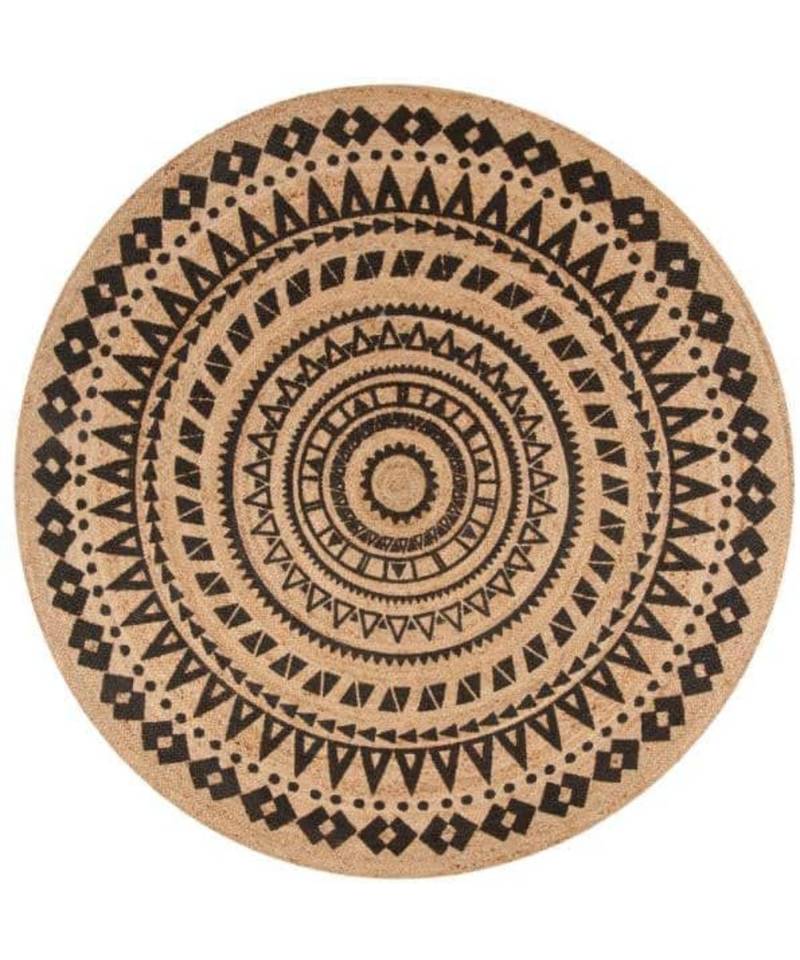 YADURAJ CARPETS Handwoven Natural Fiber Round Border Area Rug - Black/Beige 8X8 Ft