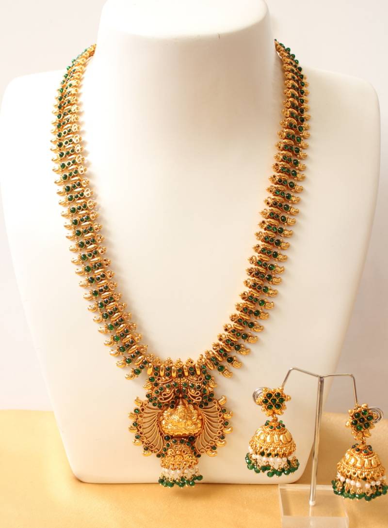 antique green lakshmi pendant bridal haar set DJ00247