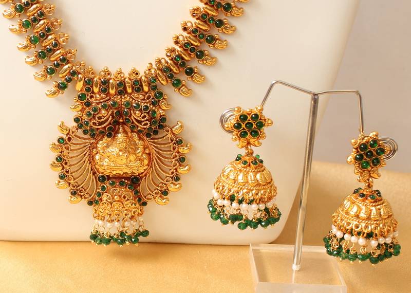 antique green lakshmi pendant bridal haar set DJ00247
