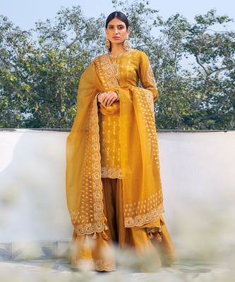 Mustard Embroidered Chanderi Sharara Set 1
