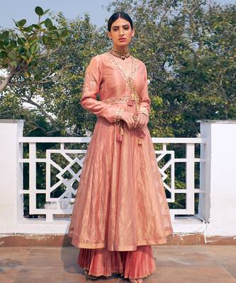 Old Rose Pink Embroidered Chanderi Anarkali Set 1