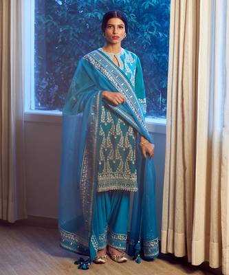 Firozi turquoise chanderi kurta set 1