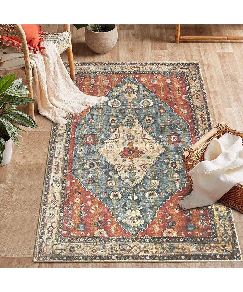 Throw Rug | Bohemian Faux Wool Indoor Accent Rug NonSlip | Washable LowPile Carpet for Entrance9X12 Ft